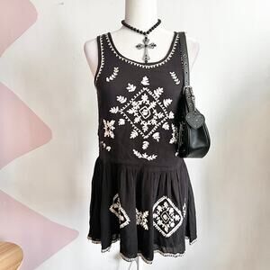 Black Embroidered Mini Dress, Boho, Witchy, Gothic, Cottagecore, Romantic, Small